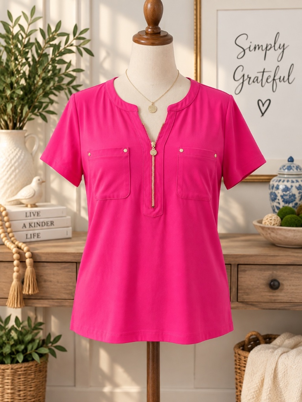 Anne Klein Pink Zip Front Top Size L Gold Tone Hardware Short Sleeve